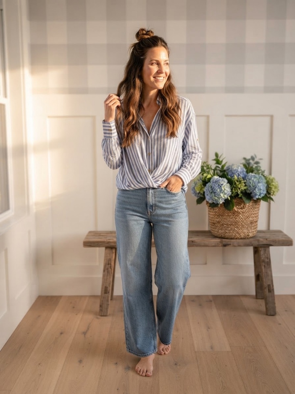 Zara Blue and White Striped Twist-Front Blouse Medium